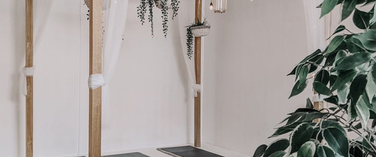 Minimalist yoga space with mat and plants near window